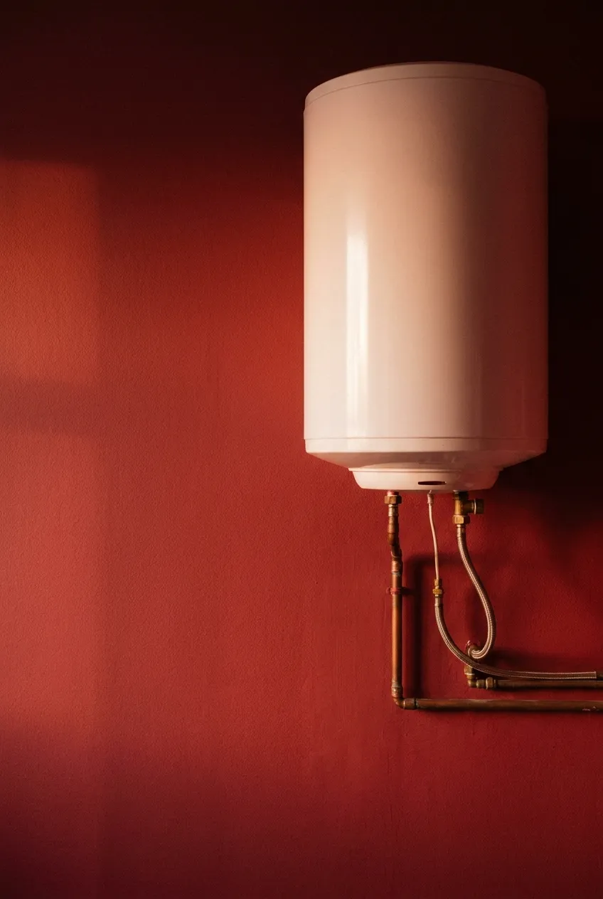 Chauffe-eau électrique cylindrique fixé à un mur peint.