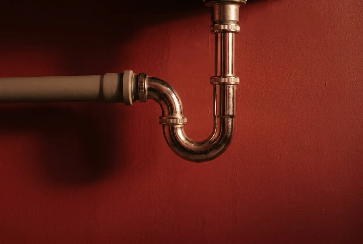 Canalisation d'évacuation et son siphon, sous un mur nu.